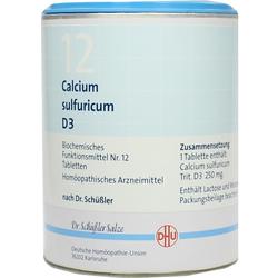 Runde Dose mit Aufschrift "Calcium sulfuricum D3" und homöopathischen Tabletten.