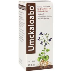 Eine Packung Umckaloabo Sirup mit einer Pflanze darauf.