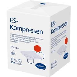 Weiße Packung mit der Aufschrift "ES-Kompressen" und einem Bild von Mullkompressen.
