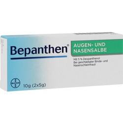 Die Packung zeigt eine Bepanthen Augen- und Nasensalbe.