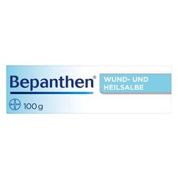 Eine Bepanthen Wund- und Heilsalben-Verpackung mit 100g Inhalt.