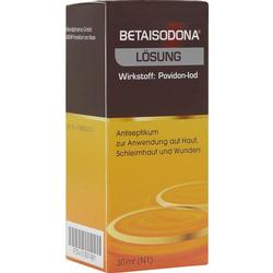 Braune und gelbe Verpackung eines Antiseptikums mit der Aufschrift "Betaisodona Lösung".