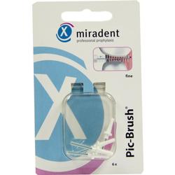 Verpackung mit sechs weißen Interdentalbürsten der Marke Miradent.