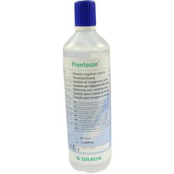 Eine Plastikflasche mit blauer Kappe und Etikett für Wundspüllösung.