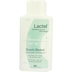 Weiße Flasche mit der Aufschrift "Lactel Dusch-/Badeöl mit Avocado- und Mandelöl".