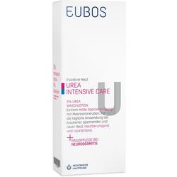 Eine weiße Flasche mit Urea-Waschlotion für trockene Haut wird gezeigt.