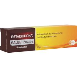 Eine Betaisodona-Salbe zur Wundbehandlung liegt in einer gelben Verpackung.