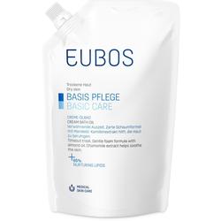 Weißer Beutel mit Badeöl für trockene Haut, Marke EUBOS, und blauer Schrift.