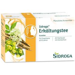 Verpackung von Sidroga Erkältungstee mit Pflanzenmotiv.