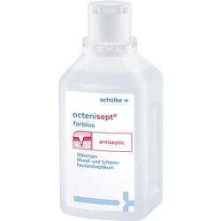 Durchsichtige Flasche mit antiseptischer Flüssigkeit namens Octenisept.