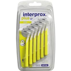 Verpackung mit sechs gelben Interdentalbürsten für die Zahnpflege.
