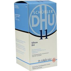 Eine blaue Schachtel mit der Aufschrift "Schüßler DHU 11 Silicea D12".