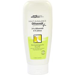 Weiße Flasche mit Olivenöl-Duschgel für empfindliche Haut.