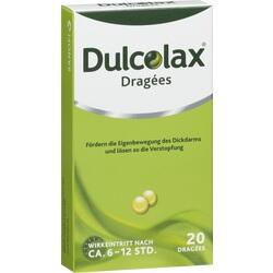 Grüne Packung von Dulcolax Dragees zur Linderung von Verstopfung.