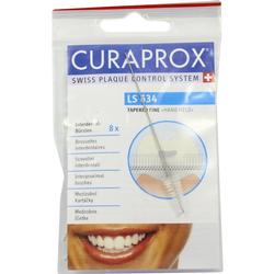 Verpackung von Interdentalbürsten der Marke Curaprox mit sichtbarer Bürste und lächelnder Mund.