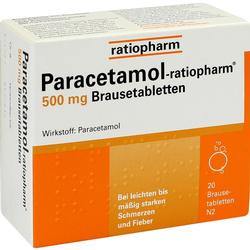 Verpackung von Paracetamol Brausetabletten 500 mg gegen Schmerzen und Fieber.