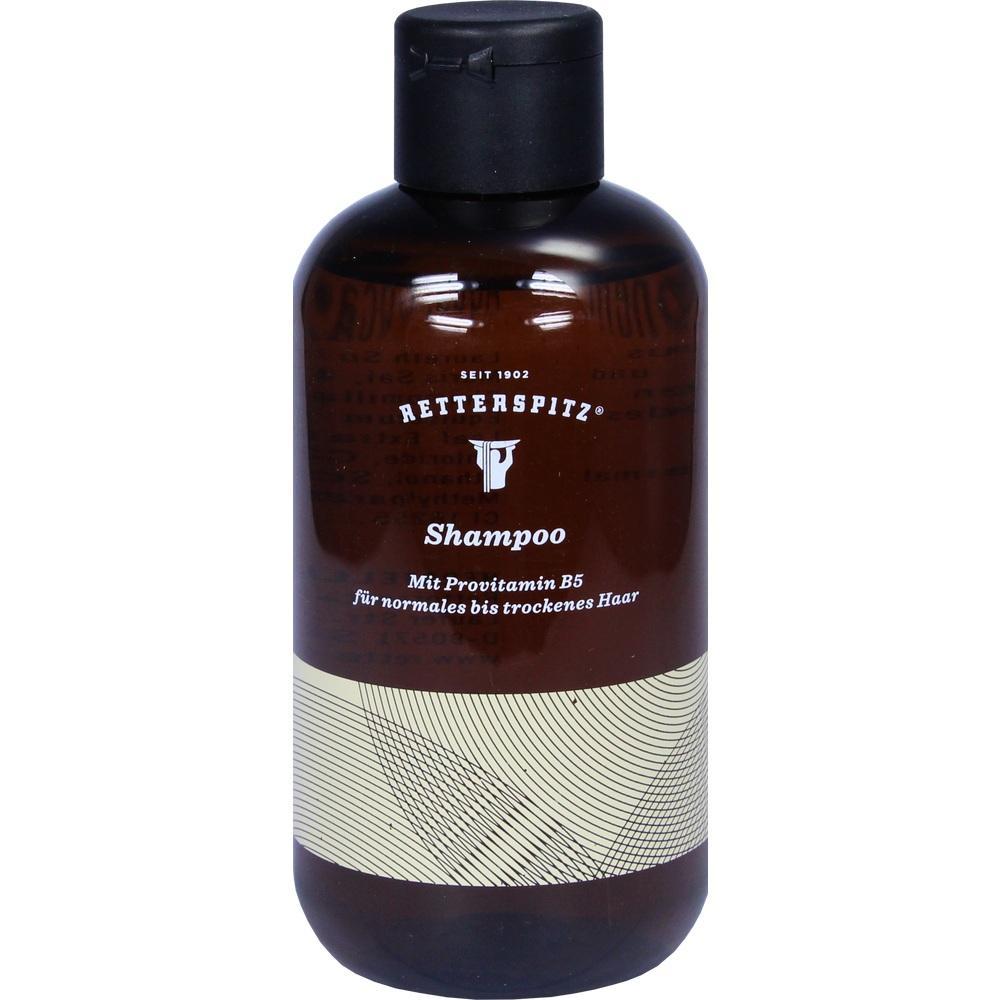 Dunkle Shampoo-Flasche mit Text für normales bis trockenes Haar.