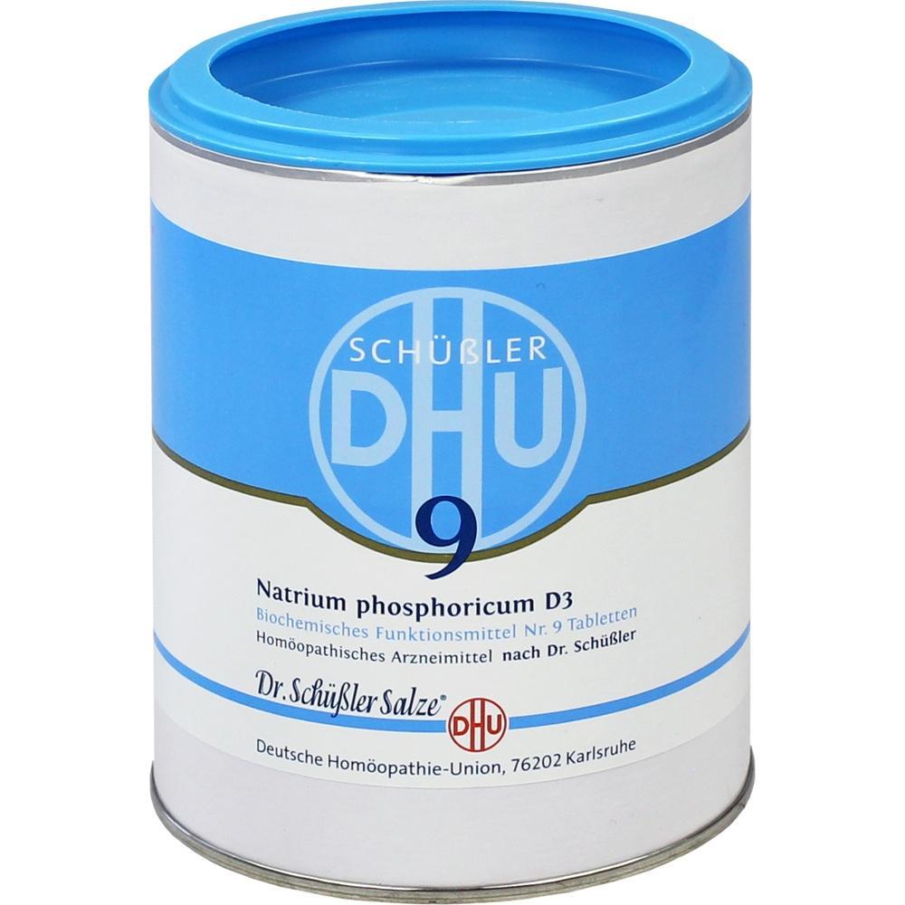 Dose mit blauem Deckel, Aufschrift: Schüßler Salze Nr. 9, Natrium phosphoricum D3.