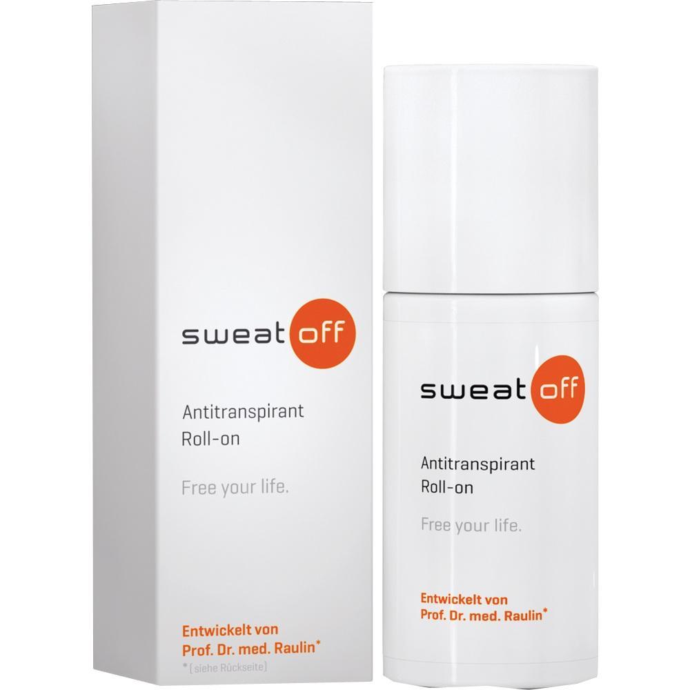 Ein weißer Roll-on-Antitranspirant von "sweat off" neben seiner Verpackung.