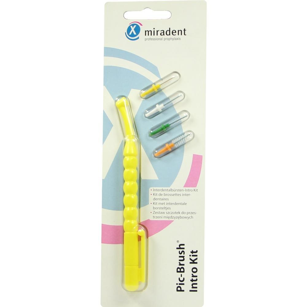 Ein gelbes Interdentalbürsten-Set mit Ersatzköpfen in einer Verpackung.
