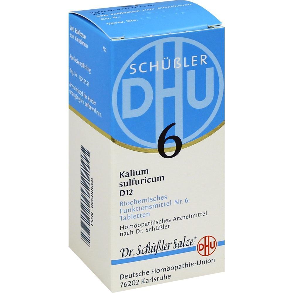 Eine Packung Schüßler Salz Nr. 6 von DHU mit Tabletten.