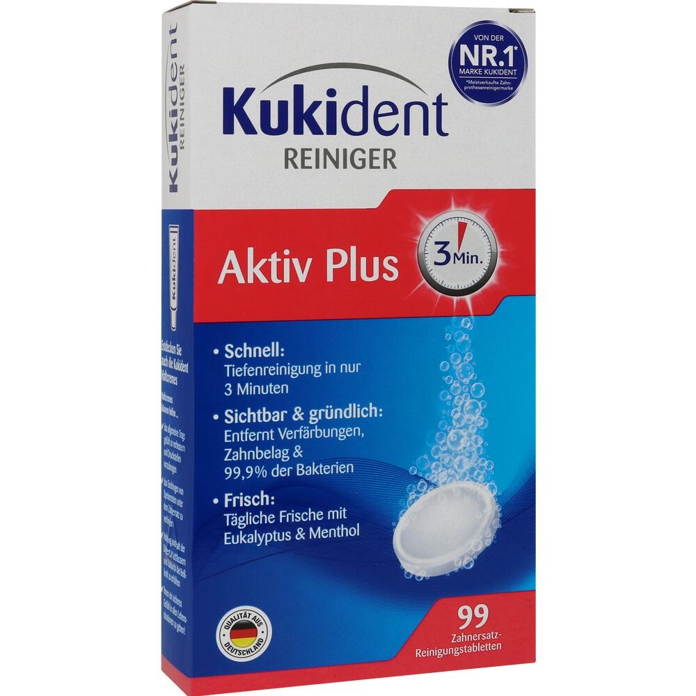Verpackung von Kukident Reiniger mit 99 Reinigungstabletten für Zahnersatz.