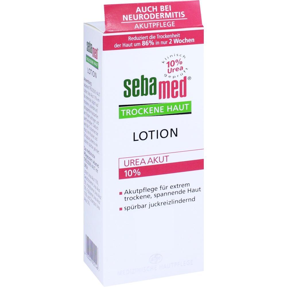 Eine weiße Lotion-Verpackung für trockene Haut mit der Aufschrift "sebamed".