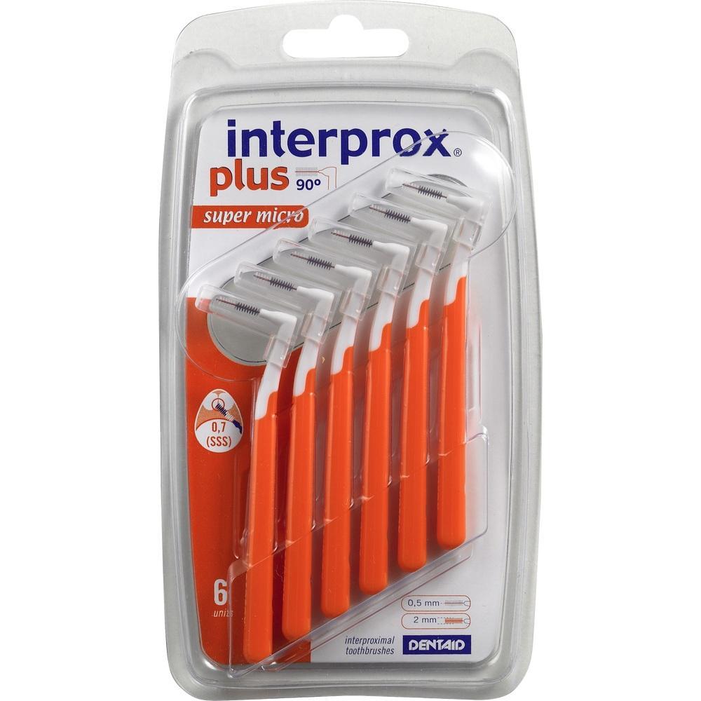 Sechs orange Interdentalbürsten in einer transparenten Verpackung.
