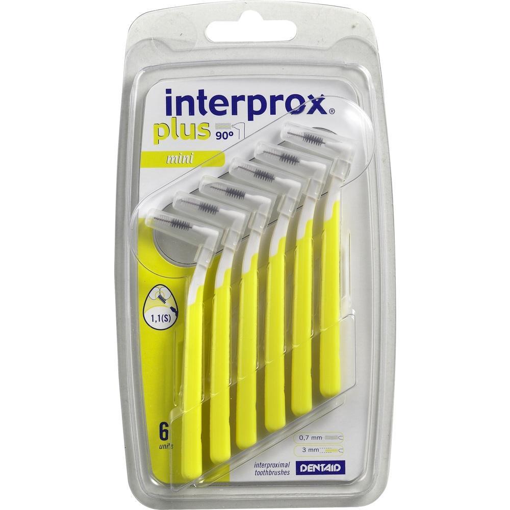 Verpackung mit sechs gelben Interdentalbürsten für die Zahnpflege.