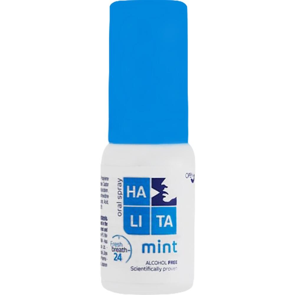 Weiße Mundspray-Flasche mit blauem Deckel und "Halita Mint"-Aufschrift.