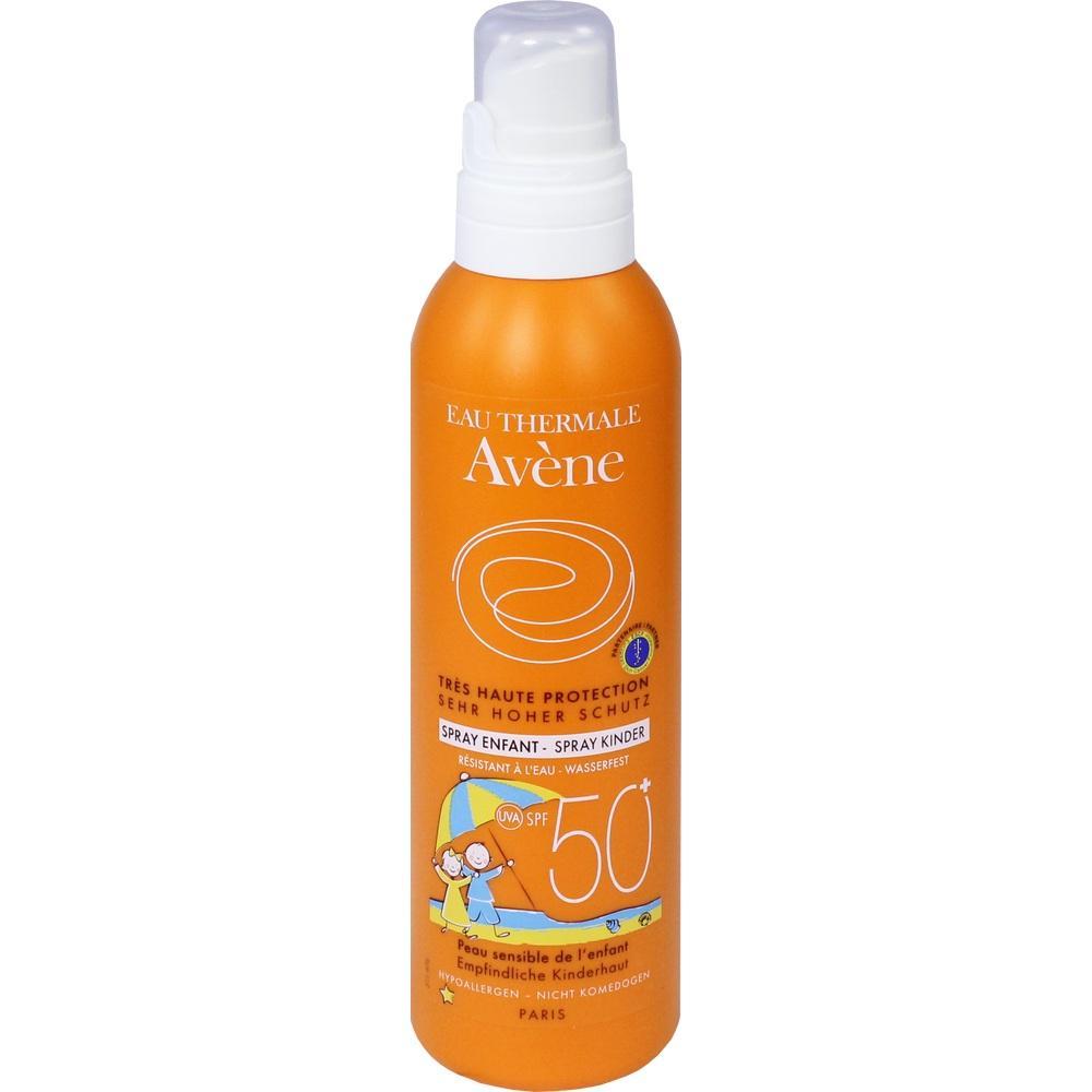 Orangene Flasche Sonnenspray für Kinder mit Lichtschutzfaktor 50+.
