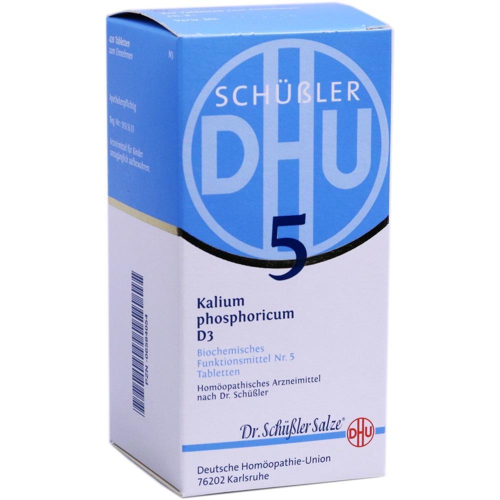 Eine blaue und weiße Verpackung von Schüßler-Salzen Nr. 5, Kalium phosphoricum.