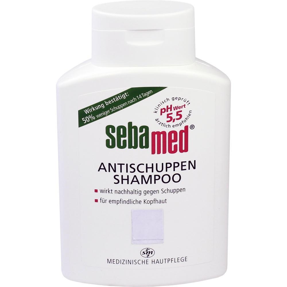 Weiße Flasche mit der Aufschrift "sebamed Antischuppen Shampoo".