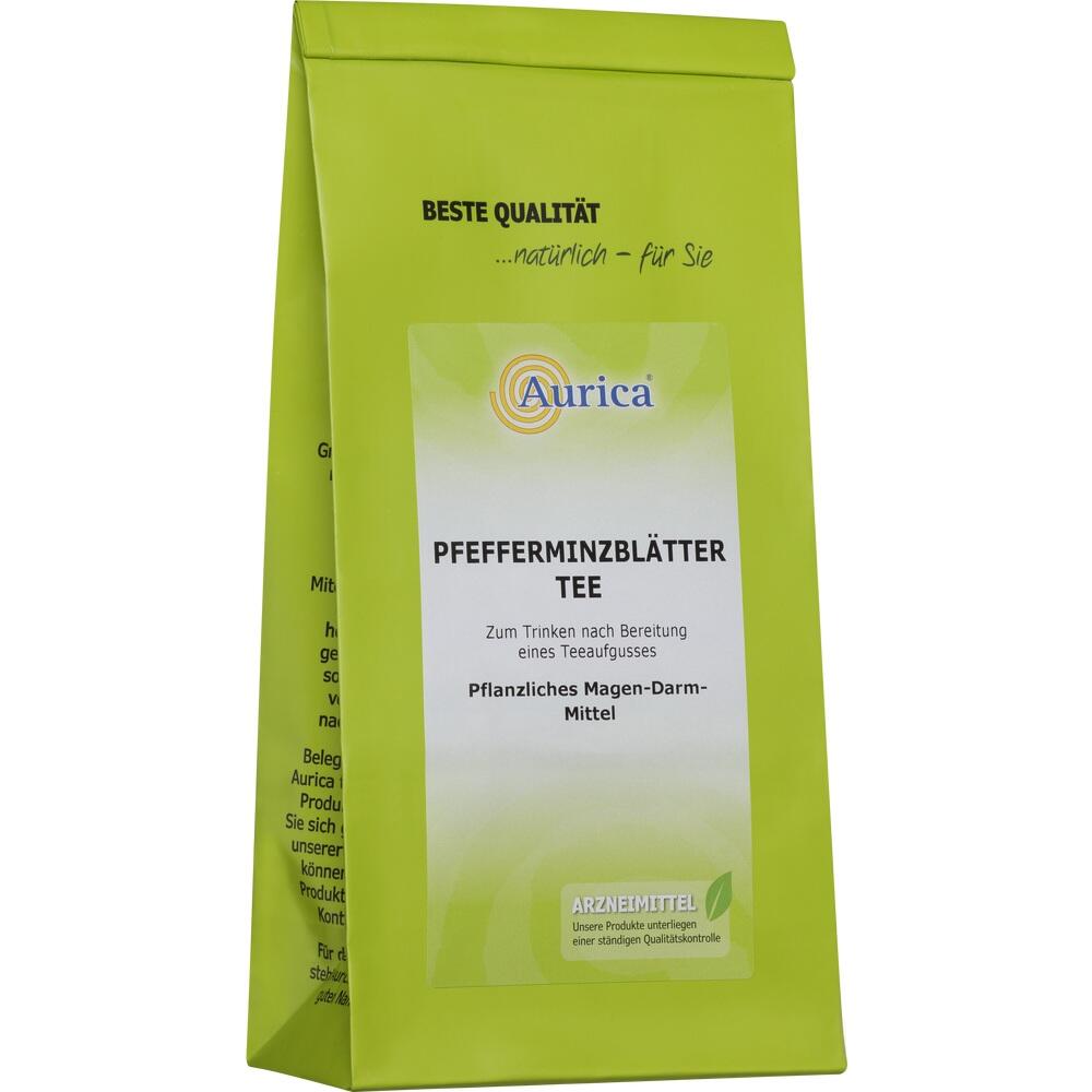 Grüne Teepackung mit der Aufschrift "Pfefferminzblätter Tee".