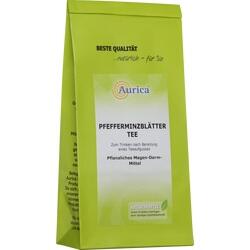 Grüne Teepackung mit der Aufschrift "Pfefferminzblätter Tee".